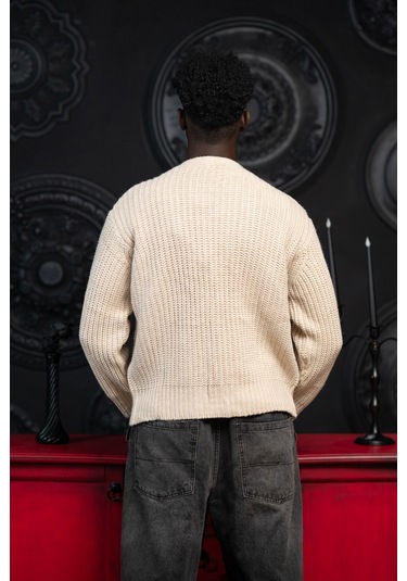Akçaylar Oversize Crop Model V Yaka Düğme Kapamalı Örgü Hırka Krem