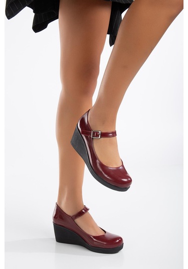 Baretli Suni Deri Bordo Rugan Kadın Dolgu Taban Ayakkabı-3102-bordo