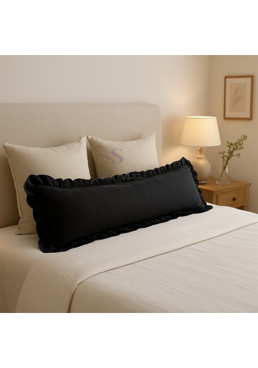 Fırfırlı Vintage Buldan Siyah Renk Iskandinav Uzun 40x100 Kırlent Yastık İçi Dolgulu Siyah