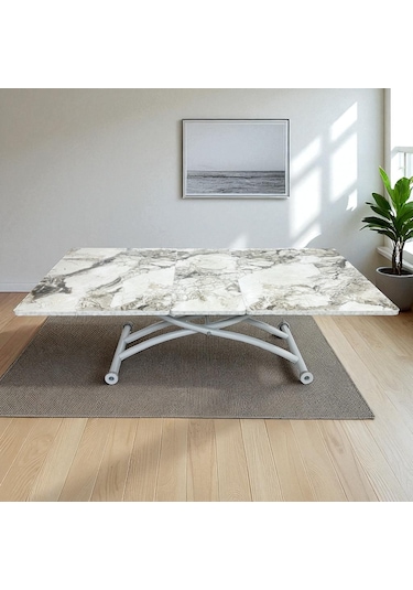 Ortadan Açılır Akıllı Masa Üst Mdf Beyaz Mermer Alt Ayak Beyaz