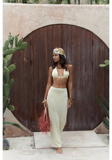 Pangestu Üçgen Sarı Crop Etek Triko Takım Sarı