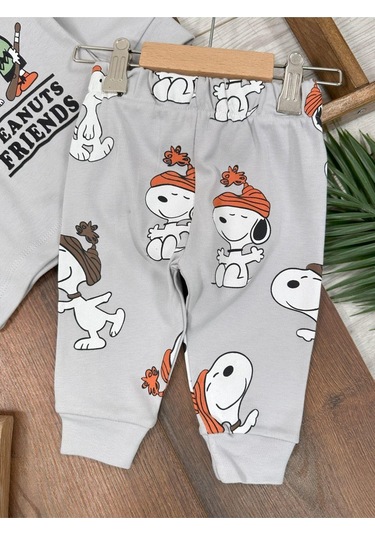 Bisiklet Yaka Peanuts Friends Baskılı Alt Üst Pijama Takımı 4bb2 Gri