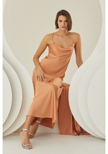 Nbb Kadın Somon Taşlı Silky Uzun Gecelik Somon