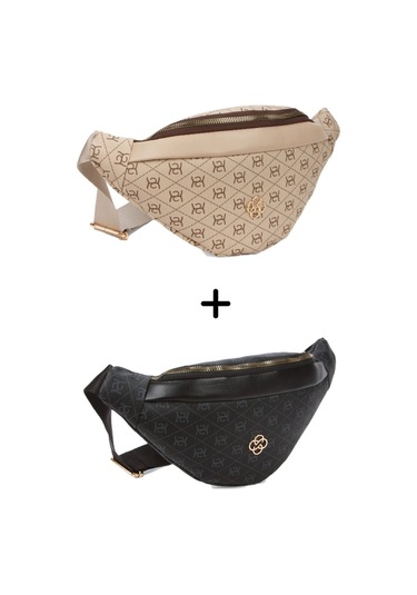 Newish Polo Kadın Desenli Çapraz Omuz Askılı Bel Ve Omuz Çantası 2 Adet - New345 - Bej - Taş