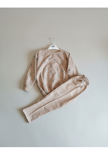 Çiçek Desenli İki İp Kız Çocuk Alt Üst Takım Kahverengi