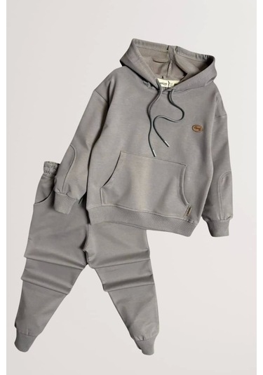 Kapüşonlu Ve Kanguru Cepli Gri Renk Erkek Çocuk Eşofman Takım Gri