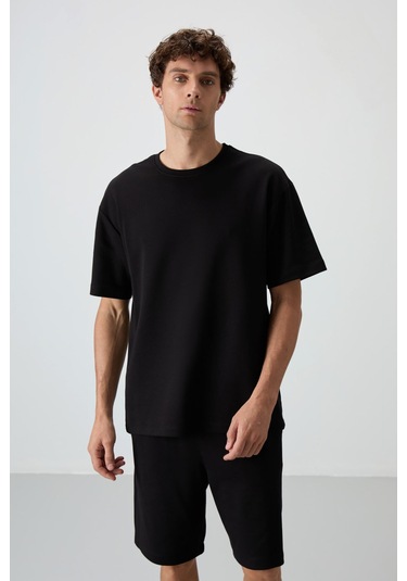 Siyah Pamuklu Kalın Yumuşak Dokulu Oversize Fit Basic Erkek Şort Takım - 85249 Siyah