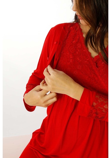 Premium Kutulu Emzirme Bölmeli Dantelli Hamile Lohusa Pijama Takımı Kırmızı