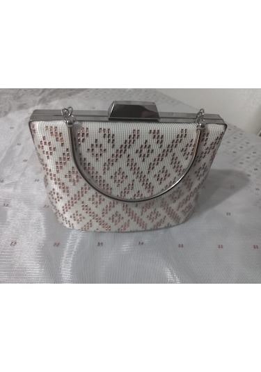 Ttvakum Abiye Çanta Tel Kırma El İşlemeli Kare İşlemeli Krem