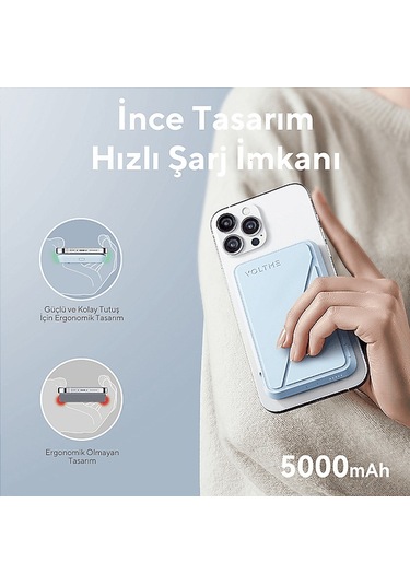 Voltme Magpak 5000mah Magsafe Kablosuz 22.5w Taşınabilir Şarj Cihazı Mavi Mavi