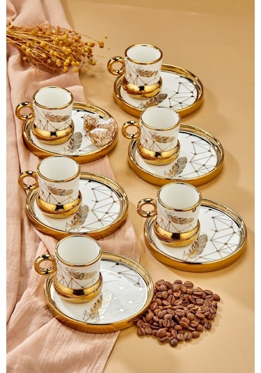 Carmen 6 Kişilik Porselen Tüy Desenli Kahve Fincan Takımı