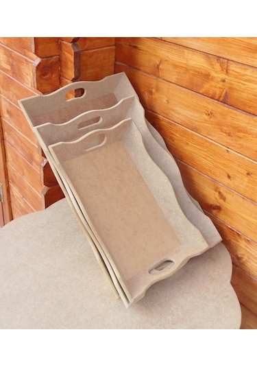 Ham Ahşap Açılı Tepsi 3Lü Set- Dekoratif Tepsi 3 Lü