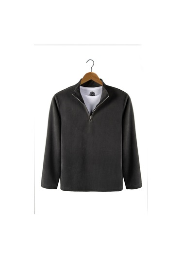 Antrasit Yarım Fermuarlı Regular Kalıp Dik Yaka Polar Sweatshirt Antrasit