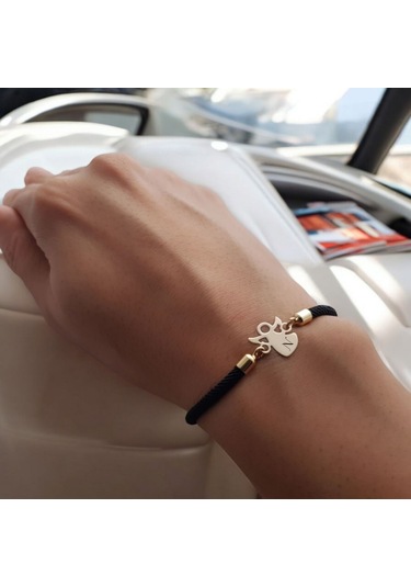 N Harfine Özel 14 Ayar Altın Plakalı Mevlana Motifli Örgü İpli Hediye Bileklik-319harf-siyah Altın