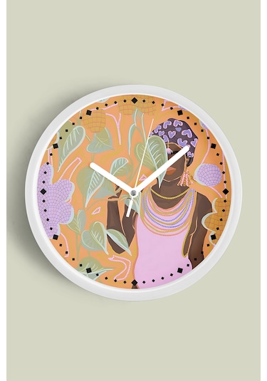Soyut Siyahi Kadın İnsan Modern Tasarım Duvar Saati - 35cm - Önü Camlı Beyaz Kasa - Sessiz Mekanizma Beyaz