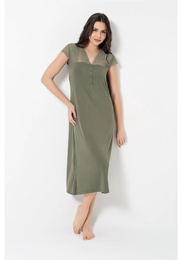 Monamise 18487 Kadın Kısa Kollu Brode Dantelli Gecelik-haki Haki