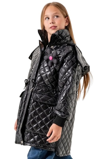 Kız Çocuk Kapitone Model Kapüşonu Çıkabilen İçi Astarlı Etek Kısmı Fermuarlı Parlak Siyah Renk Mont Siyah