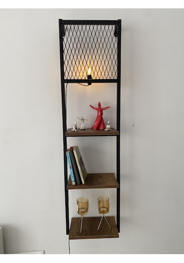 Kitaplıklı Aplik Duvar Rafı Ve Lambader Siyah