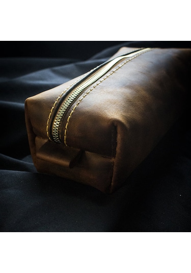 El Yapımı Hakiki Deri Dopp Kit Crazy Deri, Fermuarlı Seyahat Çantası