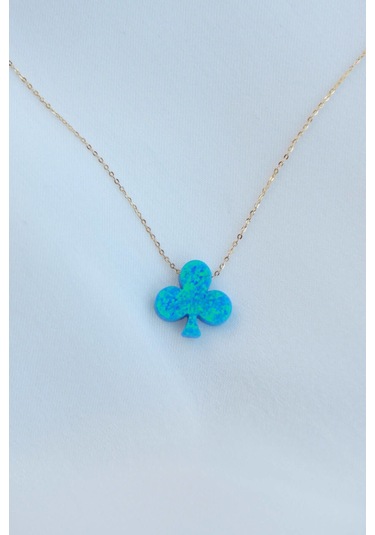 Opal Taşlı Gold Kolye Mavi