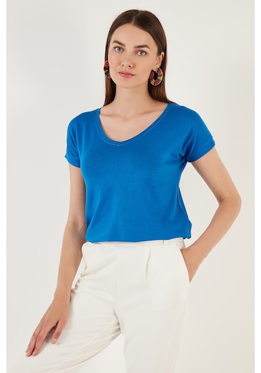 Lela V Yaka Relaxed Fit Yırtmaç Detaylı 2'Li Paket Bayan Bluz 5862000S2 Ekru-Saks