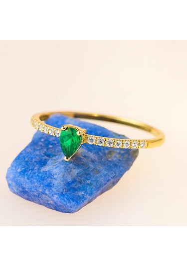 14 Ayar Altın Yeşil Zümrüt Taşlı Minimal Yüzük 14 Ayar Altın