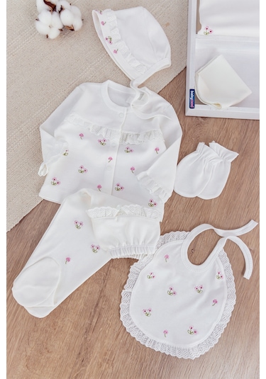 Çiçek İşlemeli Güpürlü Pamuklu 10 Parça Kız Bebek Hastane Çıkışı Bebek Takımı Beyaz