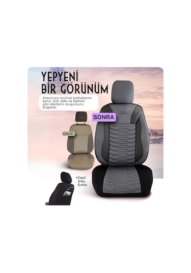 Panda Paris Serisi Pike Kumaş Oto Koltuk Kılıfı Tam Set Siyah - Gri