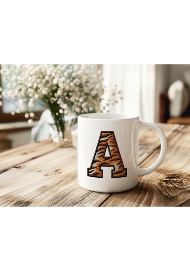 A Harfi Kaplan Figürlü Nakış Desenli Kupa Bardak - Kişiye Özel Vahşi Hayvan Desenli Kupa - Hediye Beyaz