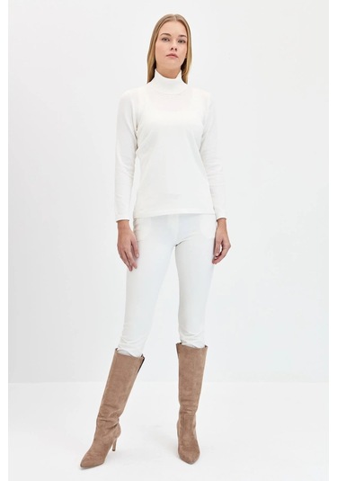 Desen Triko Kadın Likralı Uzun Kollu Basic Tam Balıkçı Bluz 20017 Kemik Kemik