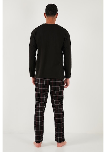 Buratti Ekoseli Regular Fit Yüksek Bel Cepli Bisiklet Yaka Erkek Pijama Takımı 6574002 Siyah-Siyah