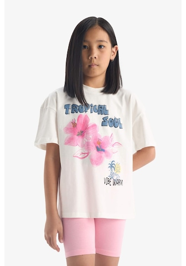 DeFacto Kız Çocuk 2'li Takım Baskılı Kısa Kollu Tişört Biker Tayt E4757A825SMER140