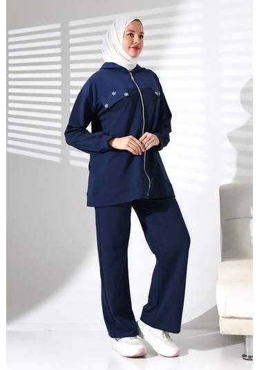 Kadın Mevsimlik Alt Ve Üst Rahat Lacivert Spor Tesettür Takım Lacivert