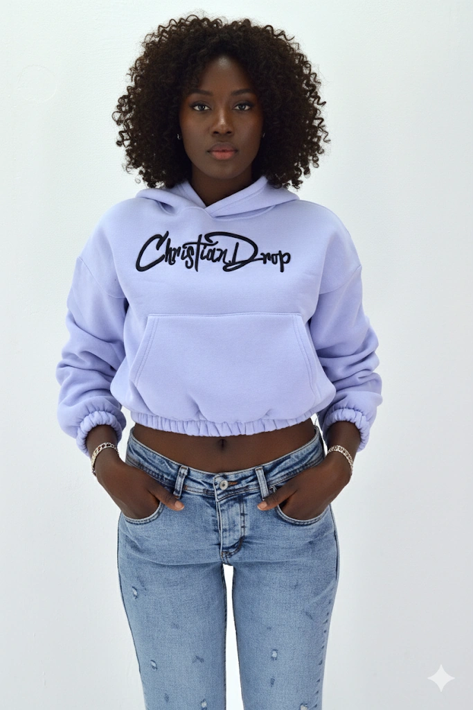 Kadın Neon Christian Drop Yazılı Kapüşonlu Crop Kesim Lila Sweatshirt Nakış İşlemeli Lila