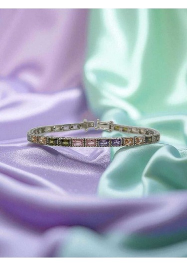 925 Ayar Gümüş Renkli Baget Taşlı Kadın Bileklik Gümüş