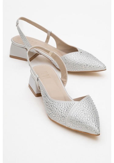 Sella Gümüş Saten Taşlı Kadın Kısa Topuklu Ayakkkabı Gümüş
