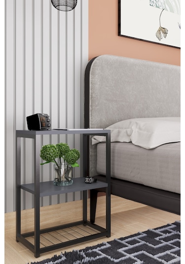 Metal Ayaklı Ve Ahşap Raflı Dekoratif Komodin Antrasit Gri Antrasit