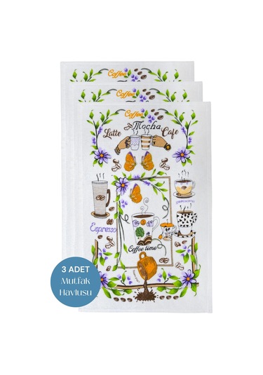 3lü Paket Baskılı Beyaz Mutfak Havlusu Modeli Coffee Mocha