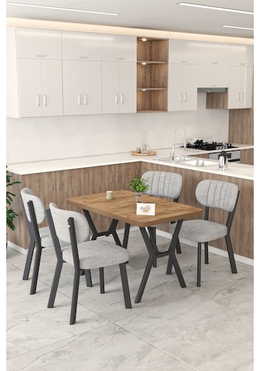 Gnr 70x110cm Sabit Atlantik Mutfak Masası Takımı, Yemek Masası, 4 Modern Gri Sandalye Gri