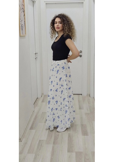 Bel Lastikli Kloş Şifon Etek 6003-beyaz/mavi Beyaz/mavi Beyaz - Mavi
