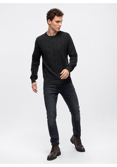 O Yaka Regular Fit Jakarlı Antrasit Erkek Kazak B33w40054 001