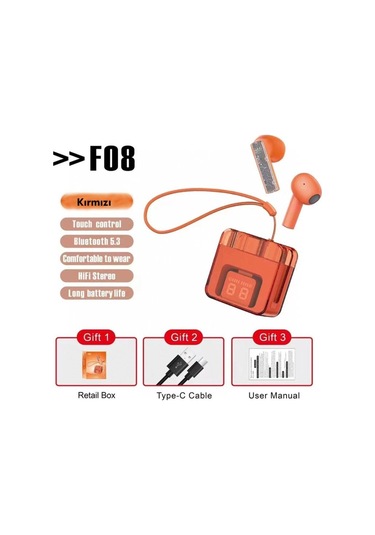F08 Dijital Şarj Göstergeli Tws Bluetooth Kulaklık - Kırmızı
