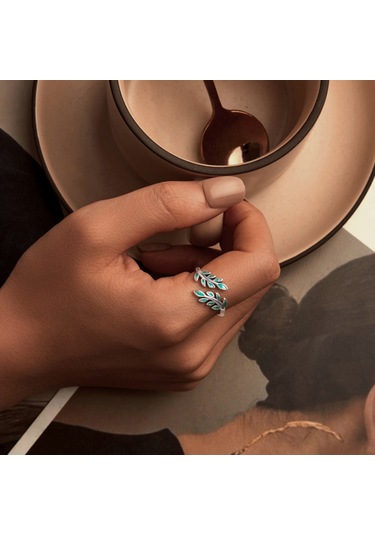 S925 Sterling Silver Green Leaf Open Adjustable Ring Bsr542-e Çok Renkli