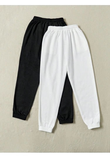 2'li Basic Düz Eşofman Altı Jogger - Siyah Ve Beyaz Lastik Paça Yüksel Bel Siyah Beyaz