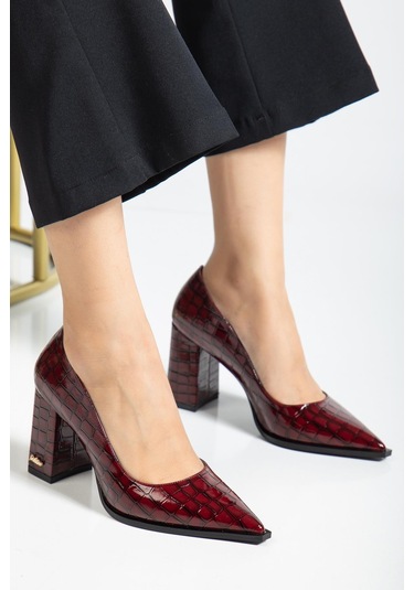 Suins Premium Kevin Model Kadın Kalın Topuklu Kroko Stiletto Ayakkabı Bordo