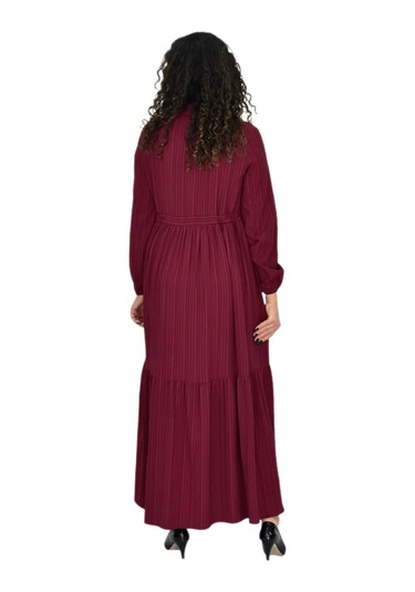 Kadın Uzun Kol Lastikli Kabartma Çizgili Elbise Bgl-st04676 Bordo