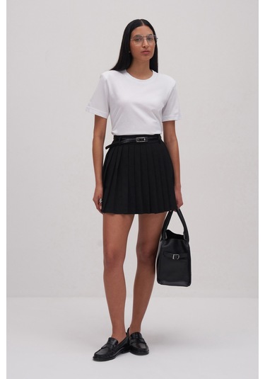 Yüksek Bel Pileli Mini Etek Siyah