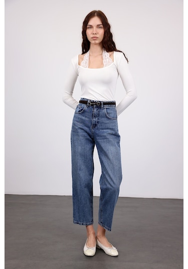 5in1Canpolat Mavi Yüksek Bel Baggy Jean 3004 Mavi