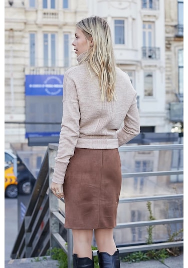 Kadın Hafif Likralı Süet Kumaş Yüksek Bel Diz Üstü Kalem Etek-taba Taba