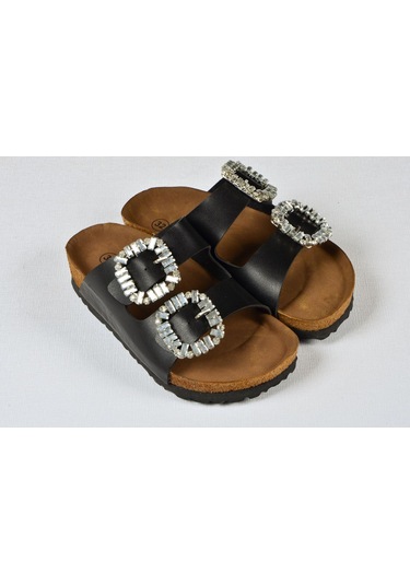 Kız Çocuk Mantar Tabanlı Çift Tokalı Ortopedik Birkeen Arizona Taşlı Terlik Siyah